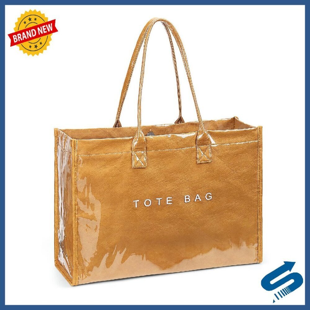Large PVC Tote Bag with Kraft Print, Waterproof Shoulder Bag for Work & Travel